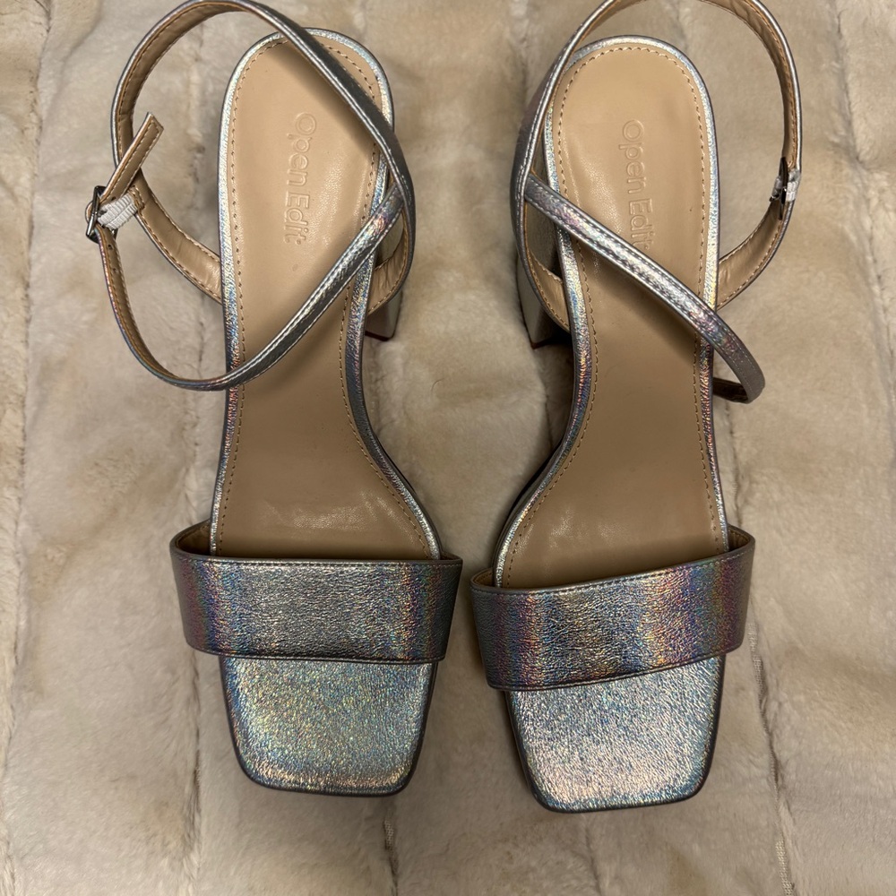 Open Edit Noella Ankle Strap Silver Platform Heels Size 10 - Picture 2 of 6